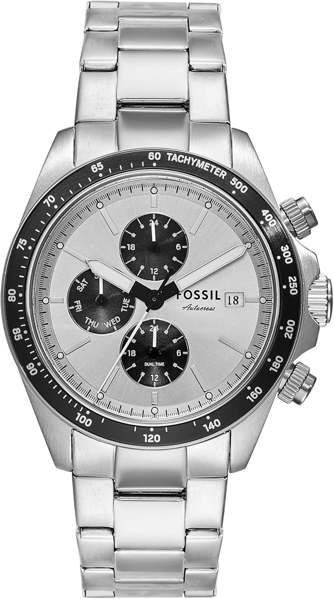 Fossil Autocross stainless steel chronograph watch with white dial and black subdials