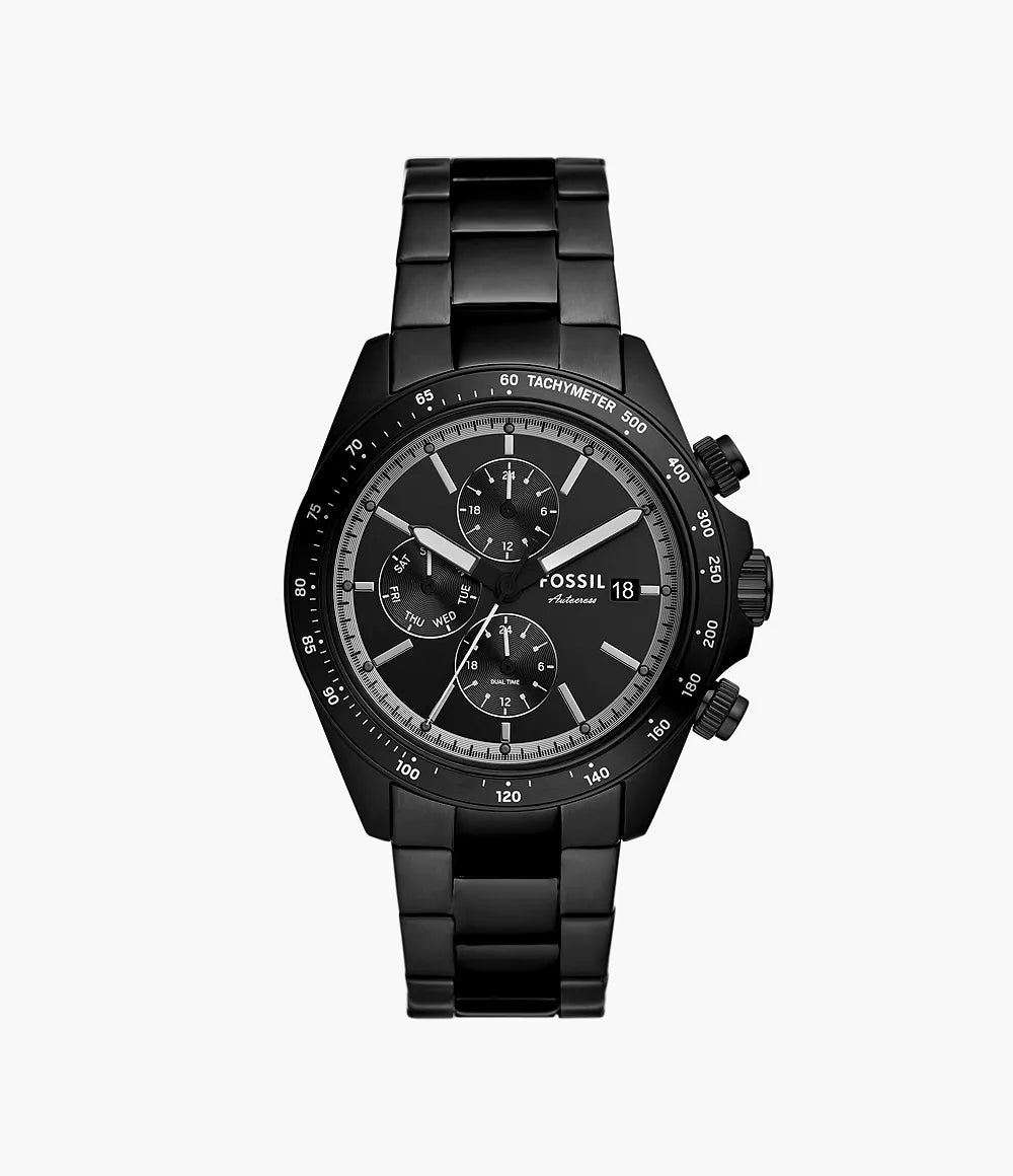 Fossil Autocross black stainless steel chronograph watch with tachymeter bezel and three subdials