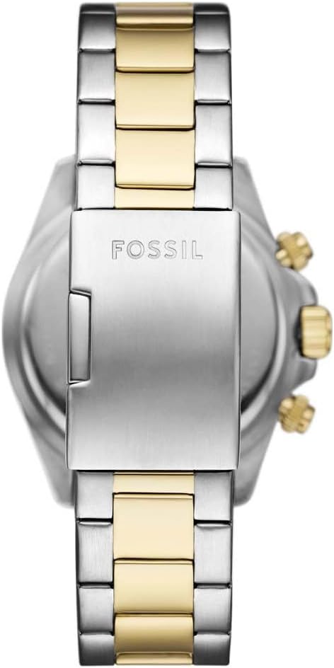 Fossil Autocross watch caseback showing stainless steel case with two-tone bracelet