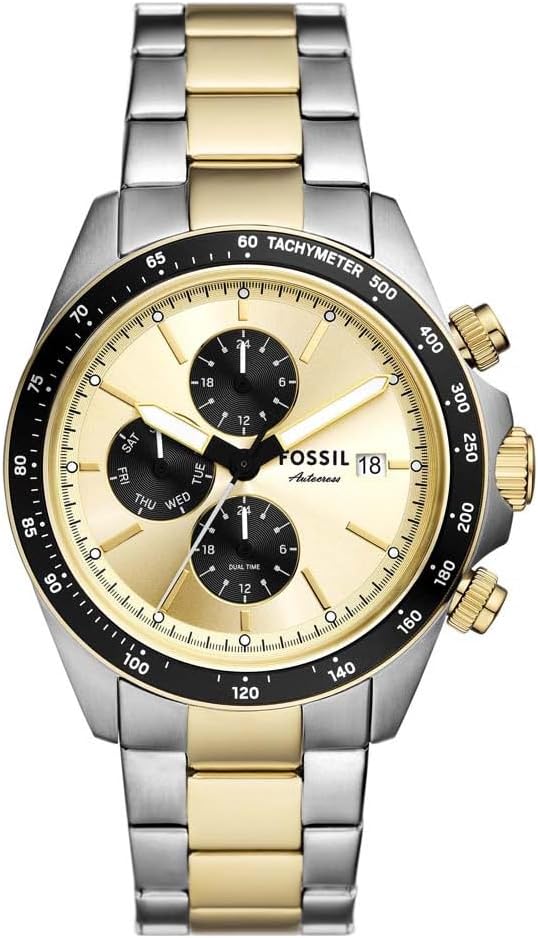 Fossil Autocross two-tone chronograph watch with cream dial and three black subdials