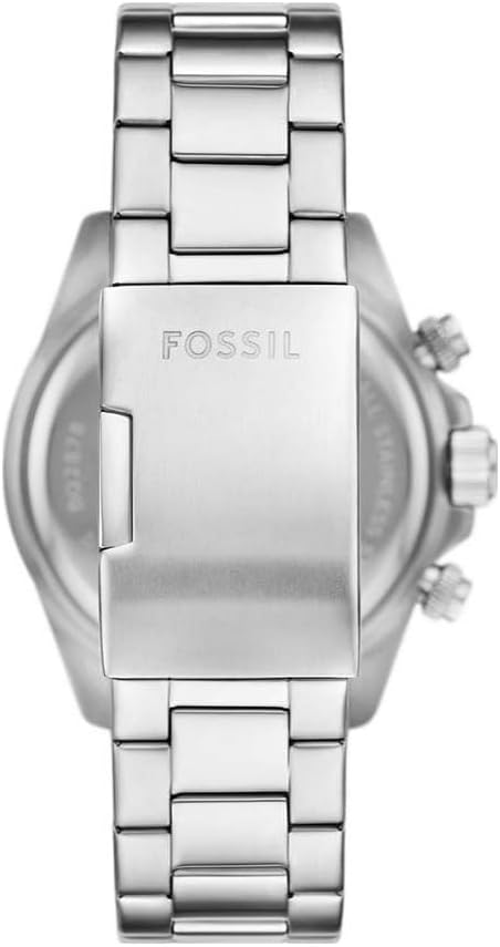 Caseback view of Fossil Autocross watch showing silver stainless steel bracelet