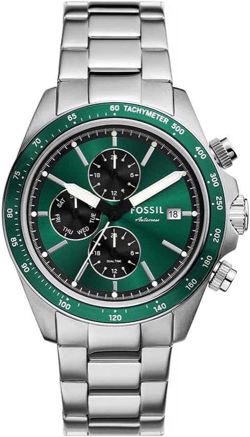 Fossil Autocross green dial chronograph watch with tachymeter bezel and silver stainless steel bracelet