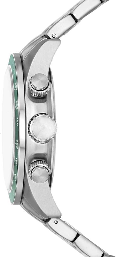 Side profile of Fossil Autocross chronograph watch with green bezel and stainless steel bracelet