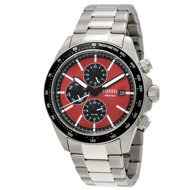 Fossil Autocross chronograph watch with red dial, black tachymeter bezel, and stainless steel bracelet