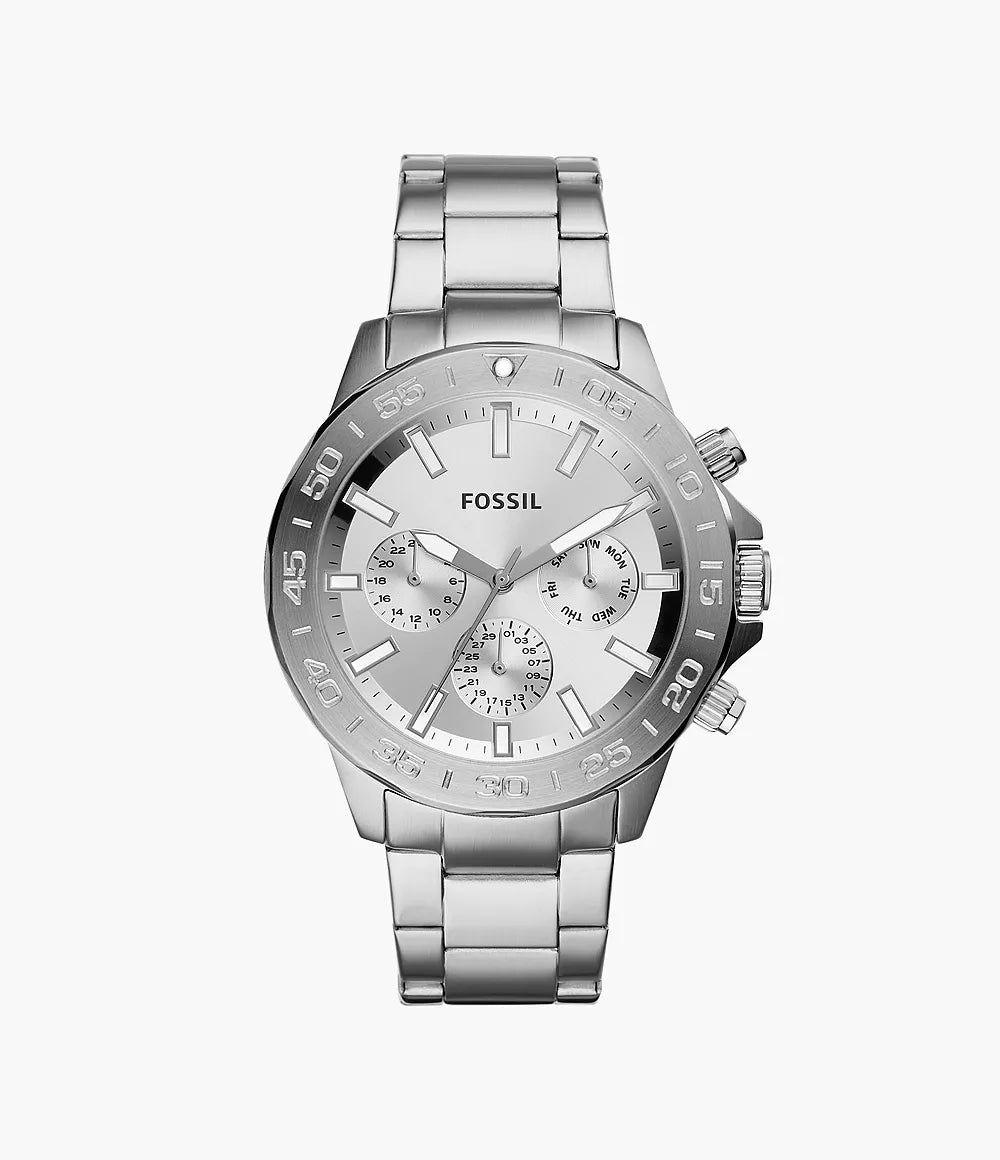 Fossil Bannon silver stainless steel multifunction chronograph men's watch front view