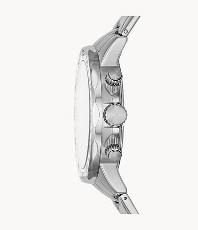 Fossil Bannon BQ2490 side profile showing chronograph pushers and silver stainless steel case