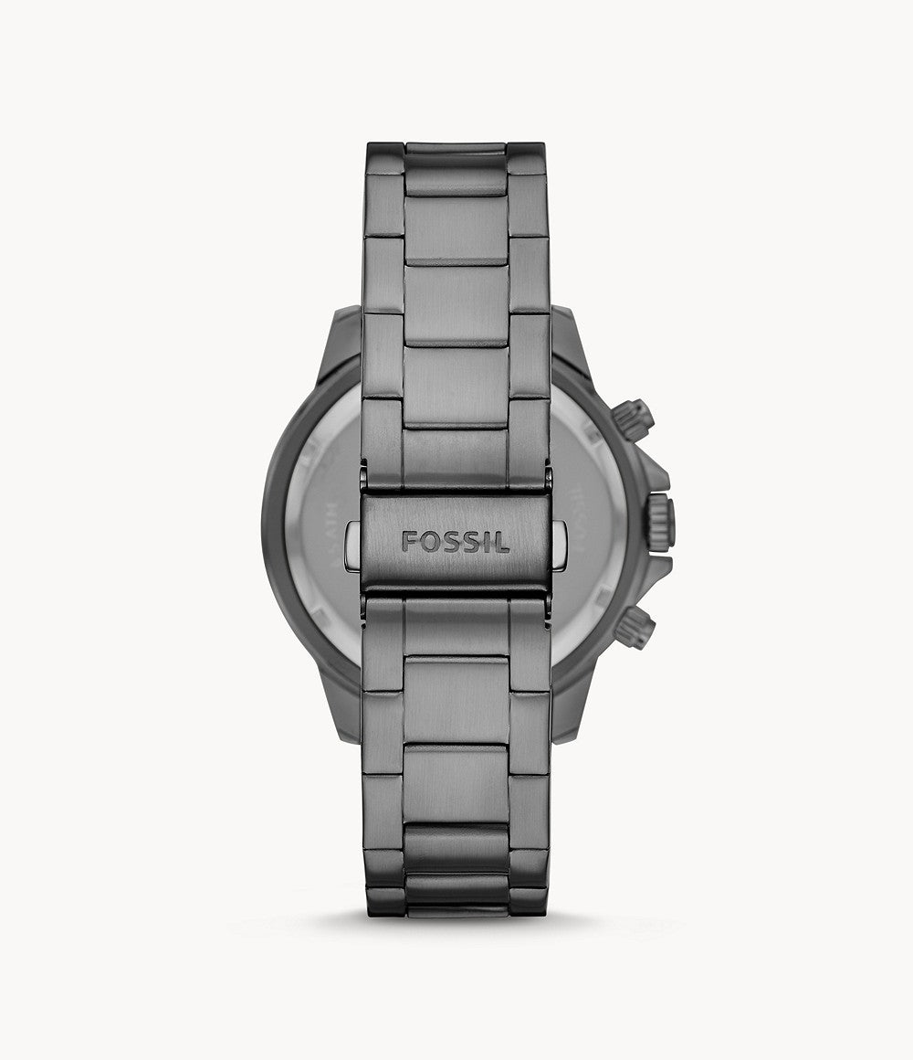 Back of Fossil Bannon watch showing stainless steel caseback and bracelet