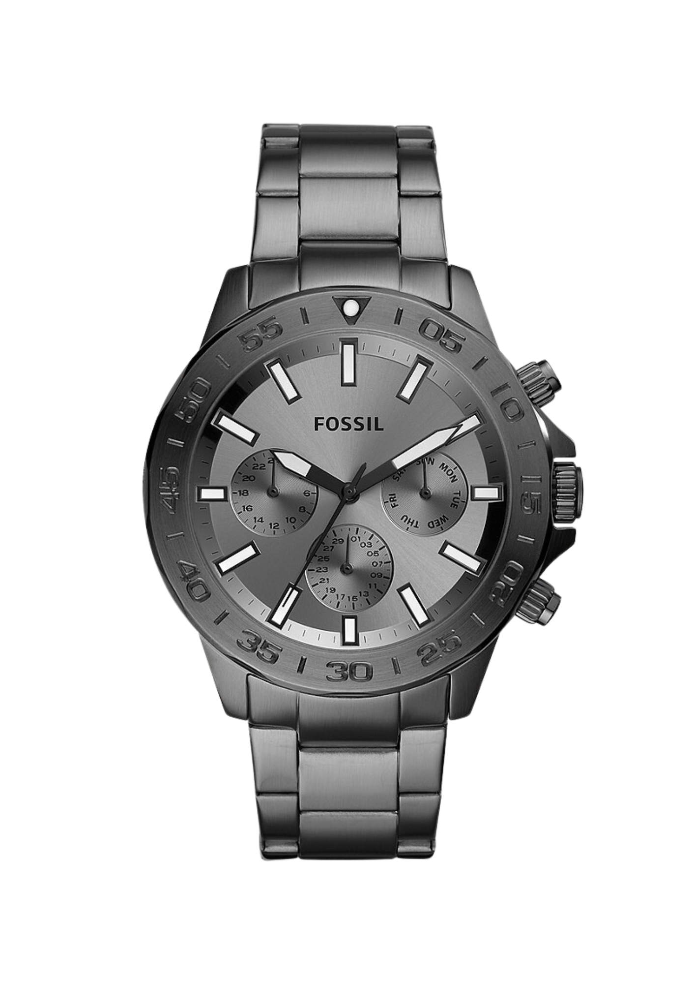 Fossil Bannon smoke stainless steel multifunction chronograph watch with subdials