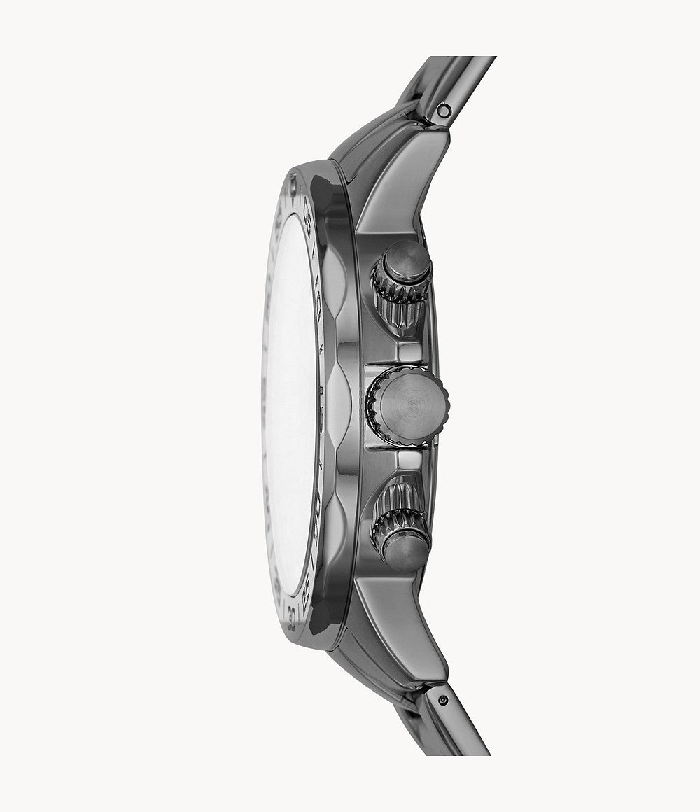 Side profile of Fossil Bannon chronograph watch showing case thickness and crown