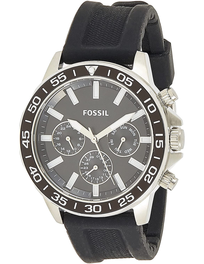 Fossil Bannon watch at angle showing silver-tone case and black strap