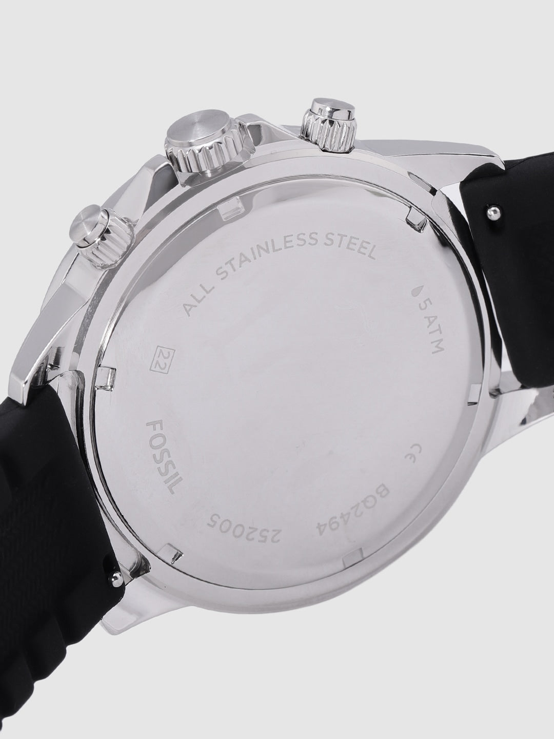 Stainless steel caseback of Fossil Bannon BQ2494 watch showing model information