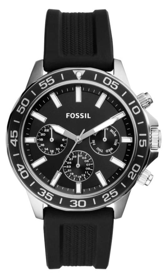Fossil Bannon black dial multifunction chronograph watch with black silicone strap