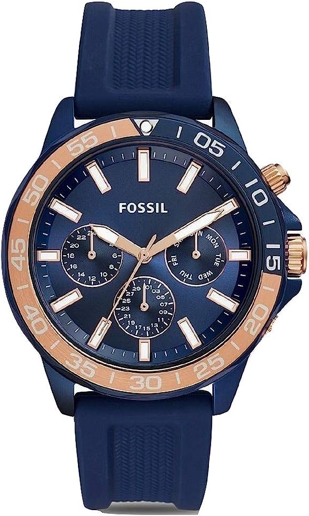 Fossil Bannon BQ2498 men's chronograph watch with blue dial, rose gold bezel, and blue silicone strap