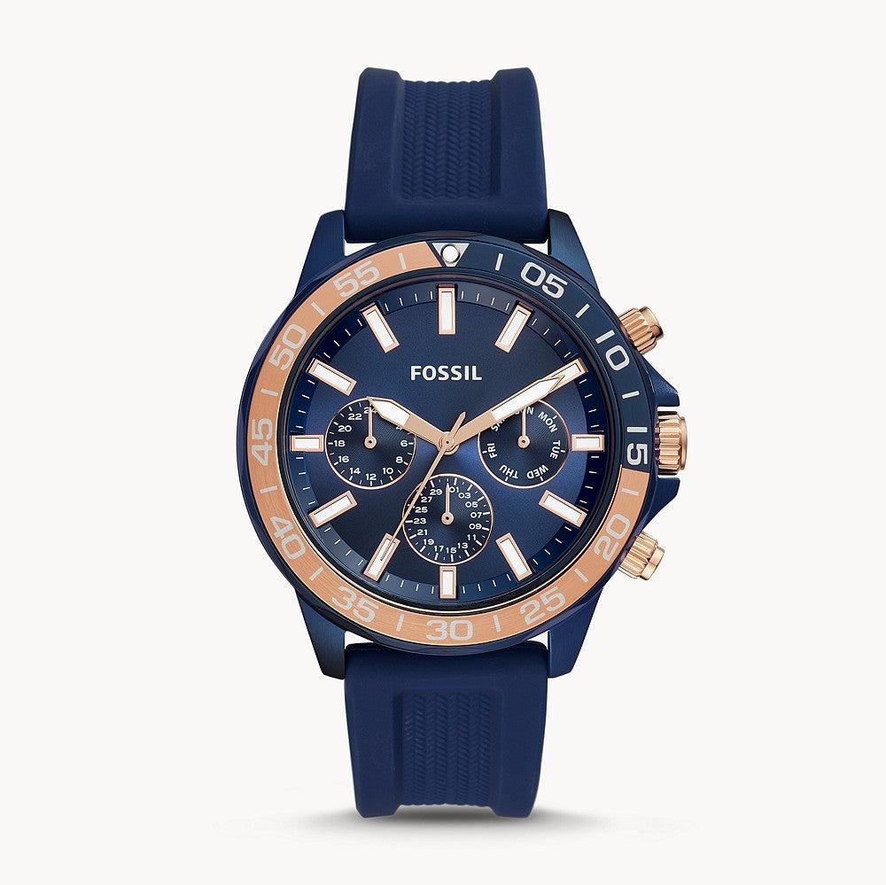 Fossil Bannon BQ2498 multifunction watch with blue chronograph dial and rose gold-tone bezel