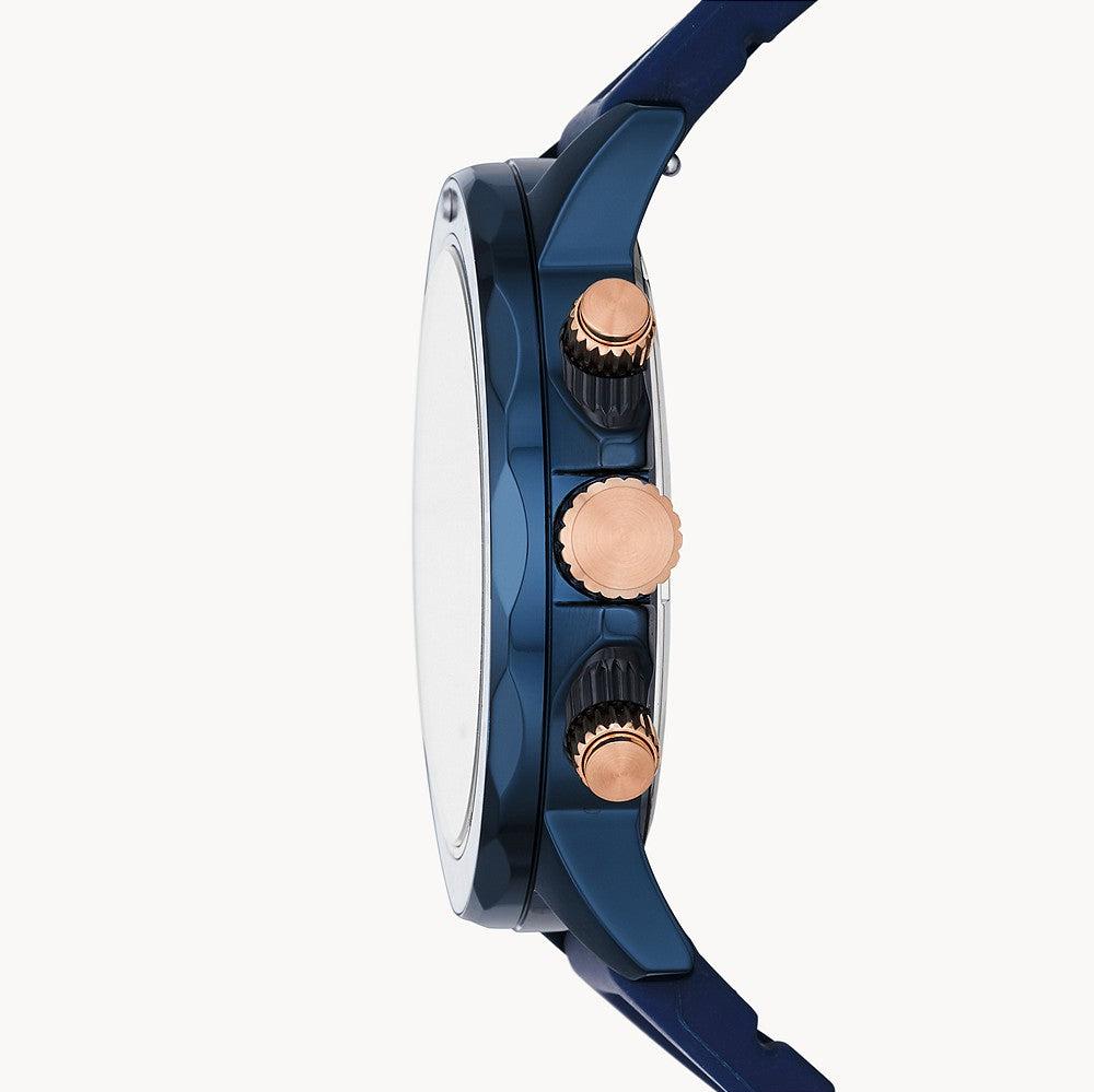 Fossil Bannon BQ2498 side profile showing rose gold chronograph pushers and blue silicone strap
