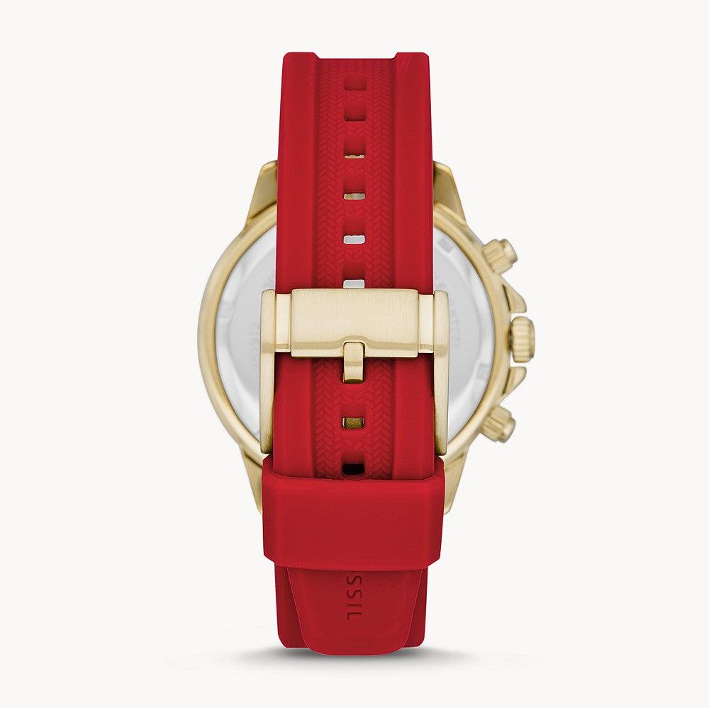 Back view of Fossil Bannon watch showing case back and red silicone strap