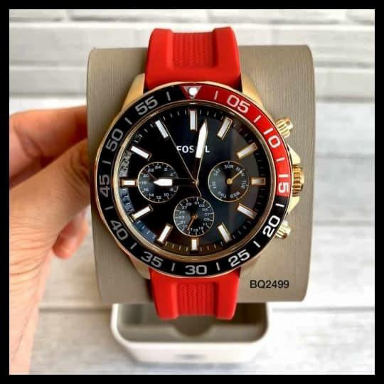 Fossil Bannon multifunction watch with red silicone strap and black chronograph dial
