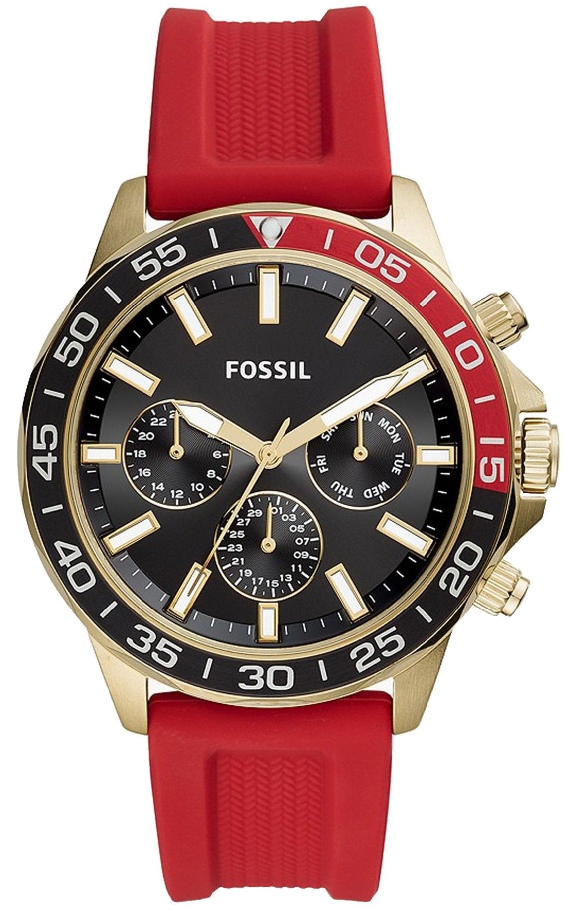 Fossil Bannon multifunction watch with black dial, gold-tone case, red silicone strap