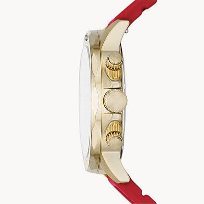 Side view of Fossil Bannon chronograph watch showing gold-tone case and red strap