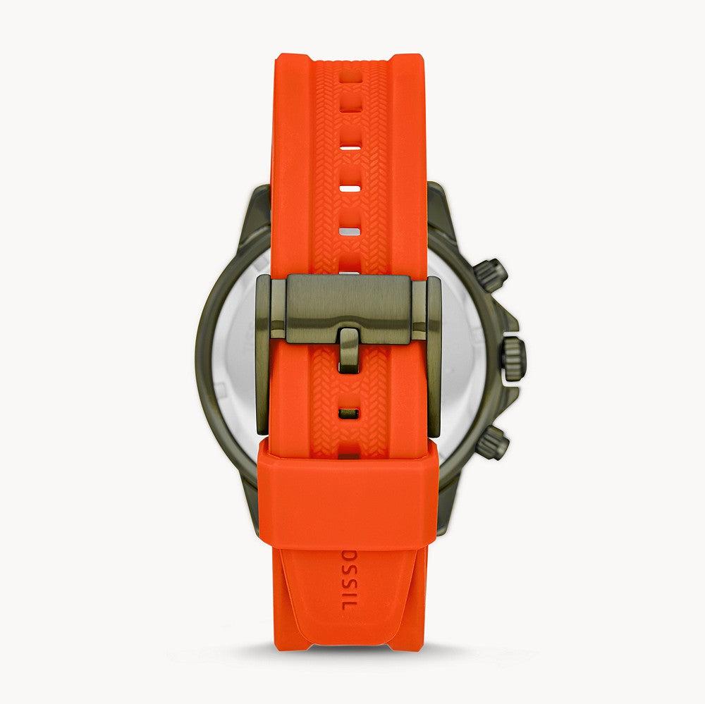 Fossil Bannon BQ2500 back view with orange silicone strap and metal buckle