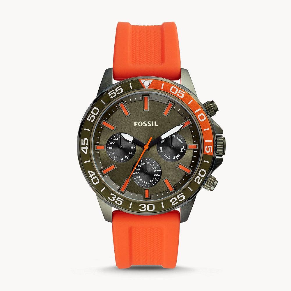 Fossil Bannon BQ2500 chronograph with grey dial, tachymeter bezel, orange strap
