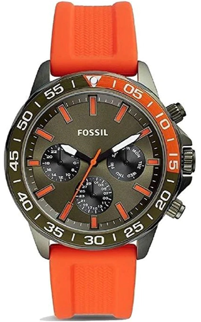 Fossil Bannon chronograph watch with grey dial and orange silicone strap