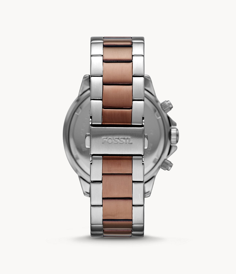 Back view of Fossil Bannon watch showing stainless steel caseback with Fossil branding