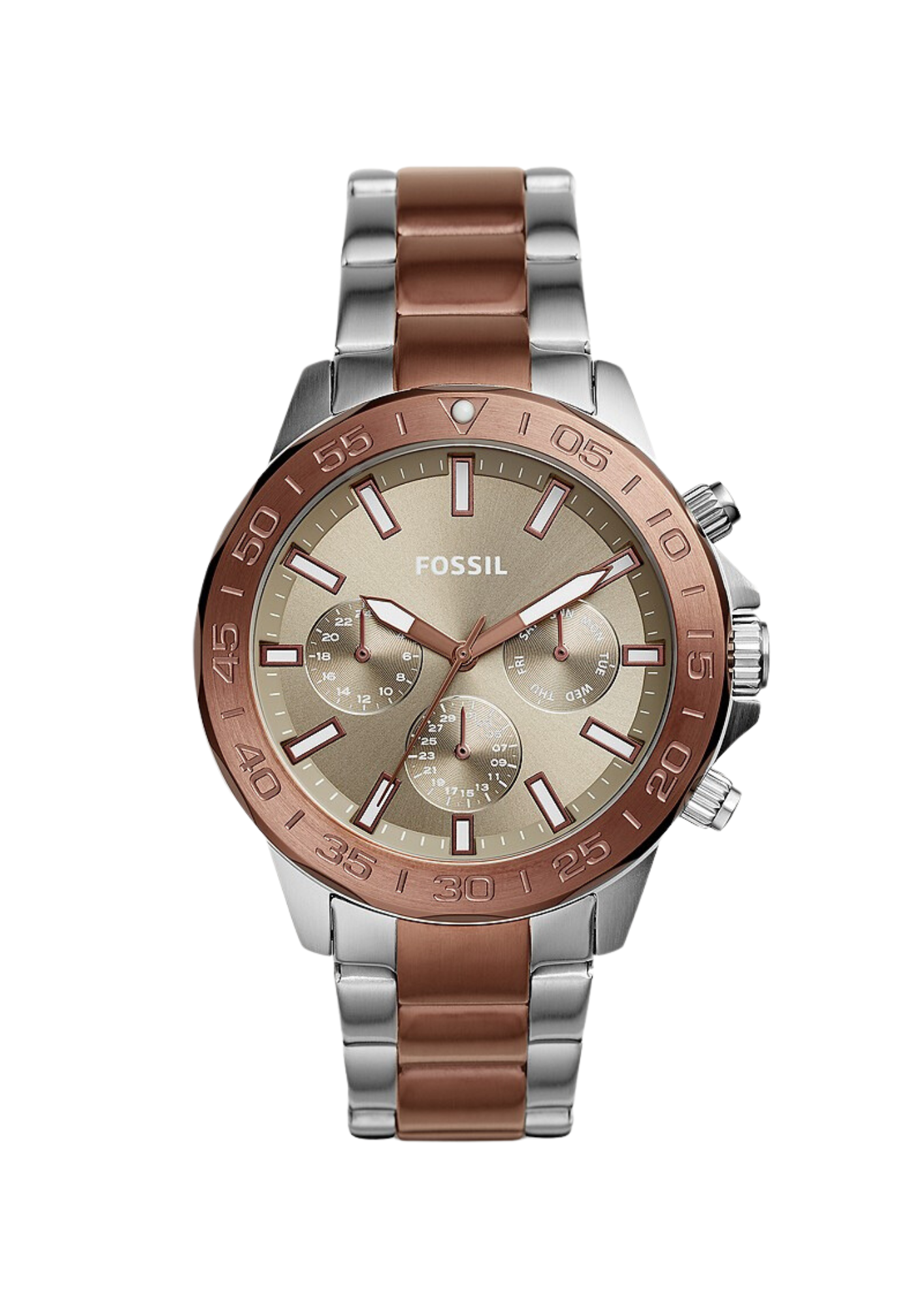 Fossil Bannon copper-tone and silver stainless steel multifunction watch with chronograph subdials