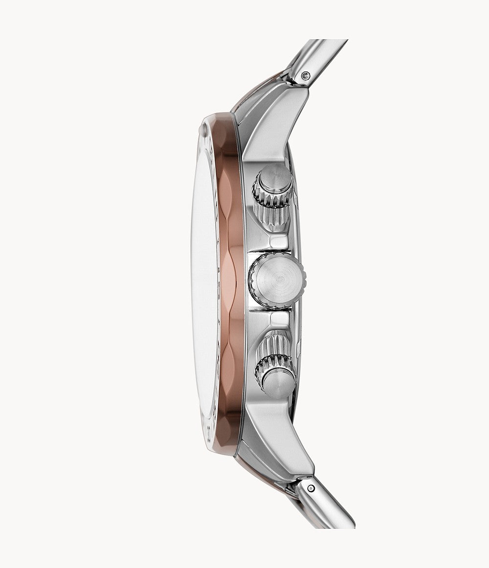 Side view of Fossil Bannon watch showing copper-tone and silver two-tone bracelet profile