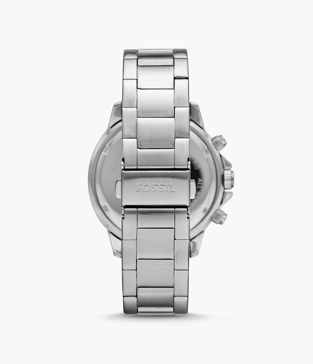 Fossil Bannon caseback view with silver-tone stainless steel bracelet