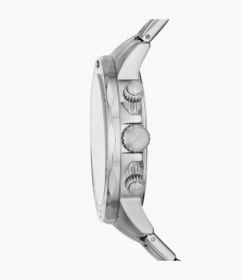 Fossil Bannon watch side profile showing silver case thickness and pushers