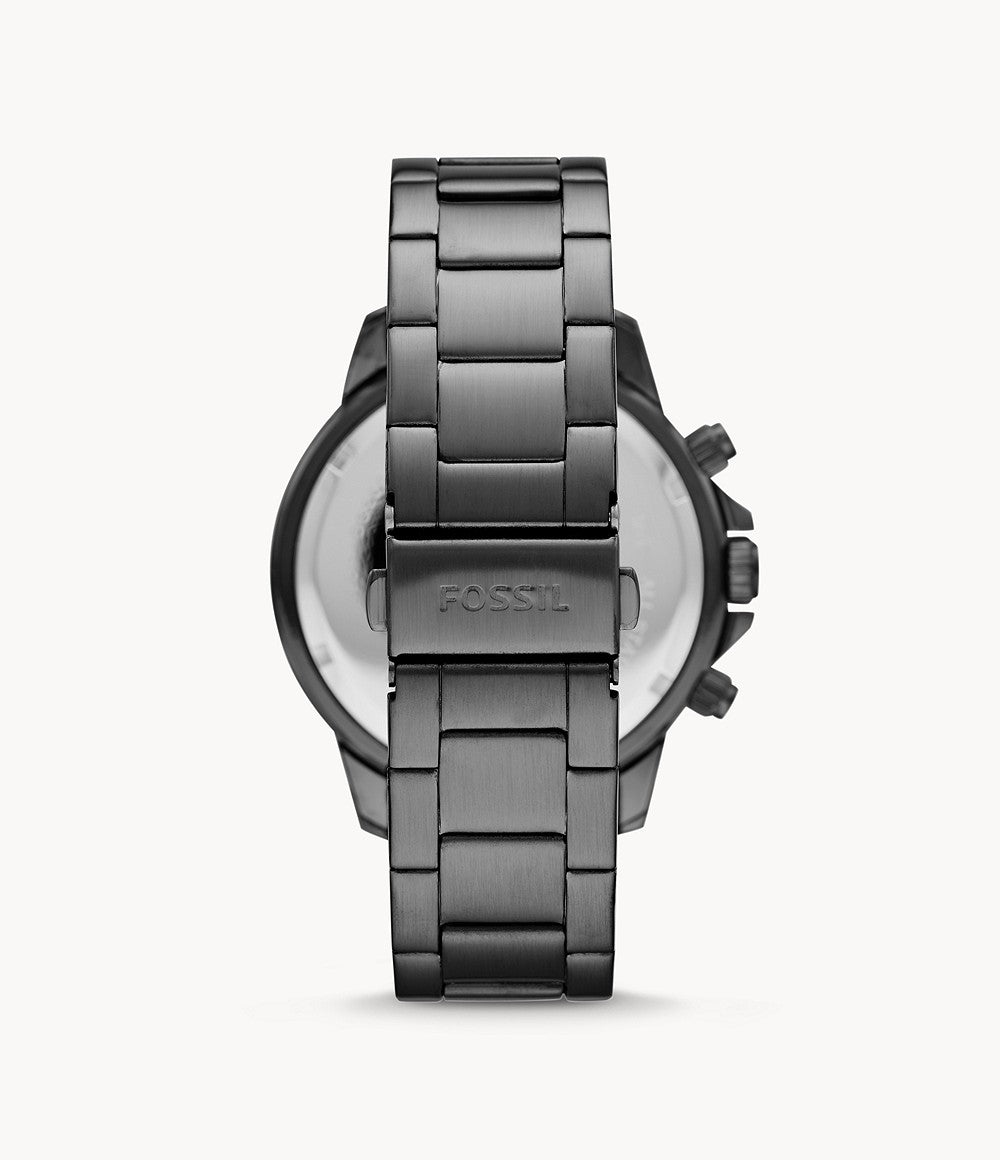 Caseback view of Fossil Bannon watch showing black stainless steel bracelet