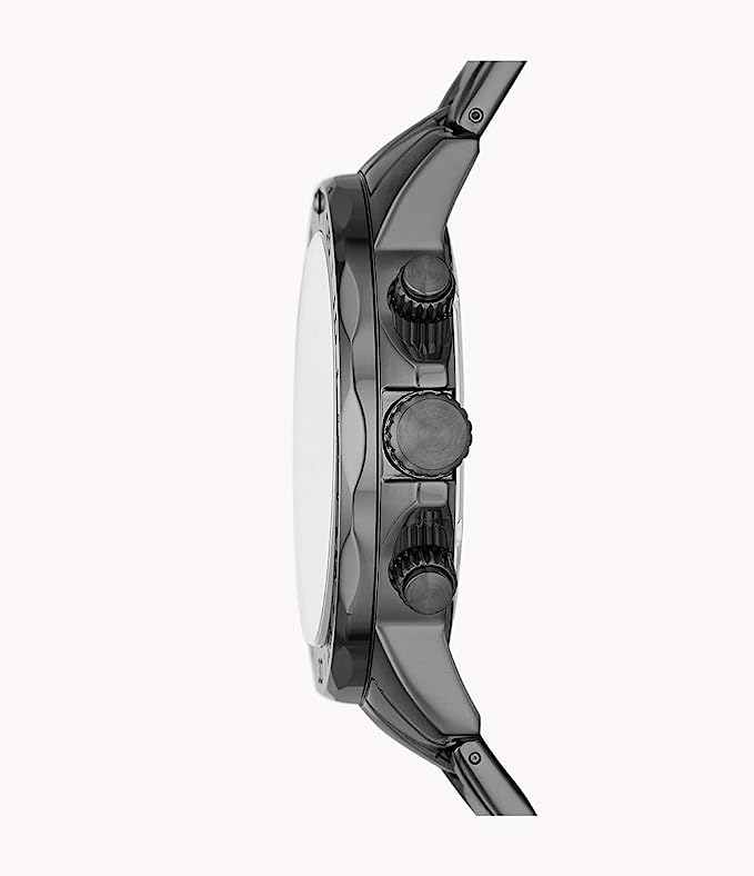 Side view of Fossil Bannon black stainless steel watch case and bracelet