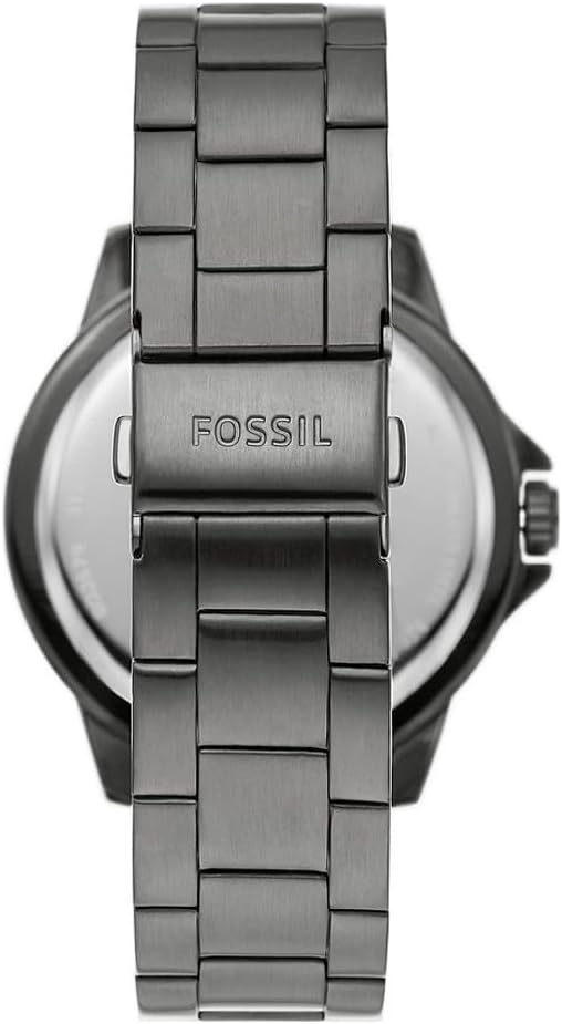 Fossil Bannon watch caseback showing stainless steel bracelet and case