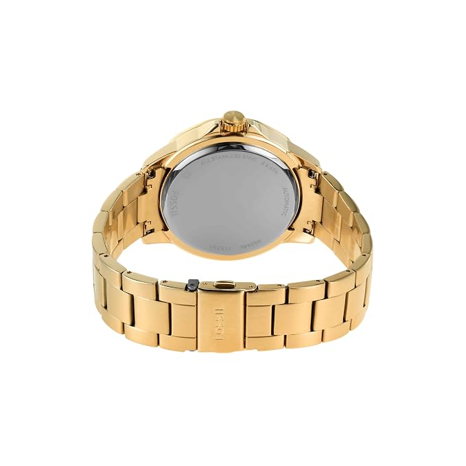 Caseback view of Fossil Bannon automatic watch with gold-tone stainless steel bracelet