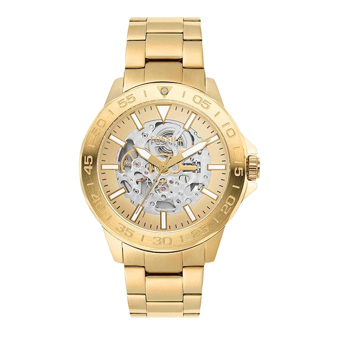 Fossil Bannon automatic men's watch with gold-tone stainless steel case, skeleton dial, and matching bracelet