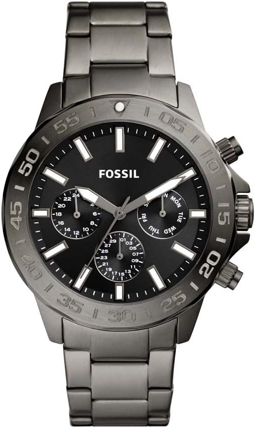 Fossil Bannon gunmetal chronograph watch with black dial and multifunction subdials