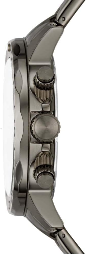 Fossil Bannon watch side view showing gunmetal case and crown with chronograph pushers