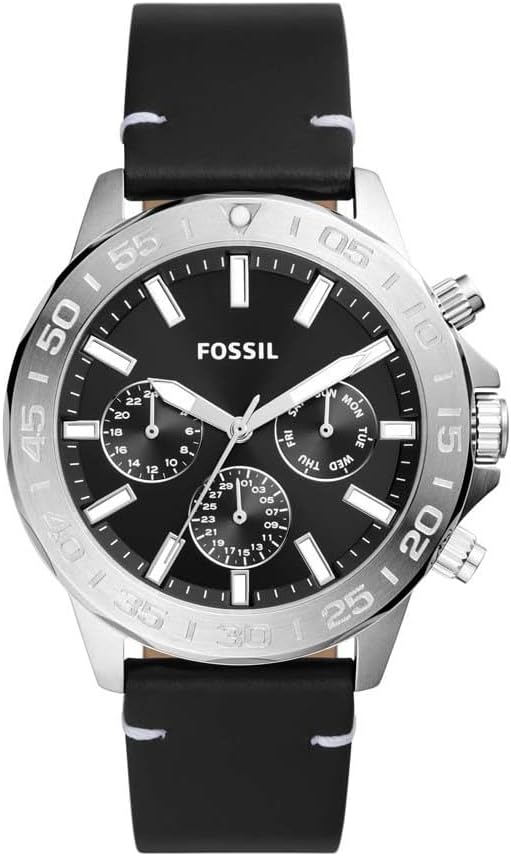 Fossil Bannon watch with black dial, stainless steel case, and chronograph subdials on black leather strap