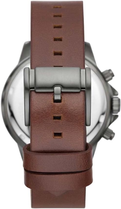 Fossil Bannon watch caseback showing brown leather strap and chronograph pushers