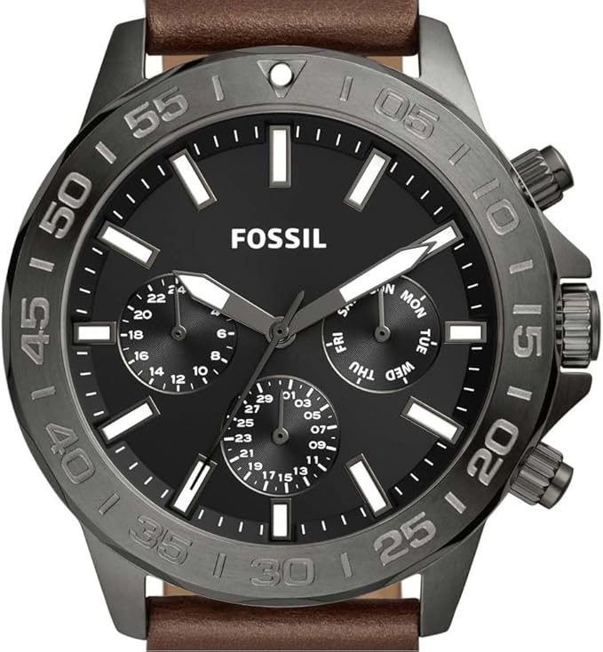 Fossil Bannon dial detail showing three subdials, chronograph functions, and Fossil branding