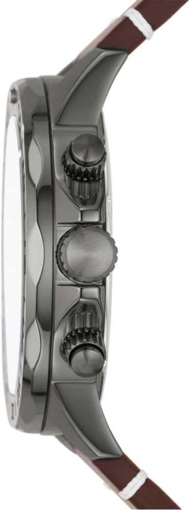 Fossil Bannon side view showing chronograph pushers and gunmetal case profile