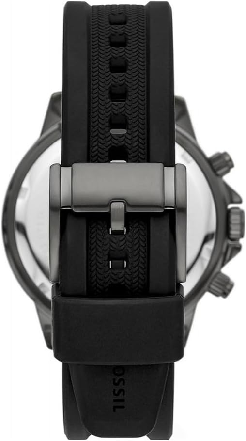 Fossil Bannon watch caseback showing gunmetal case and black silicone strap detail