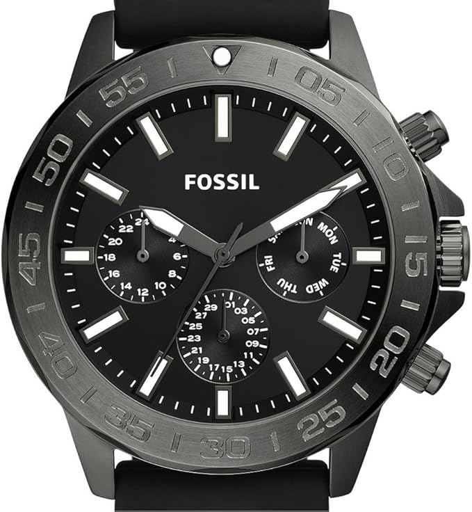 Fossil Bannon dial detail showing three subdials, white markers, and chronograph functions