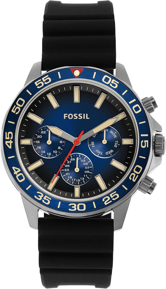 Fossil Bannon BQ2772 chronograph watch with blue dial, silver case, black silicone strap