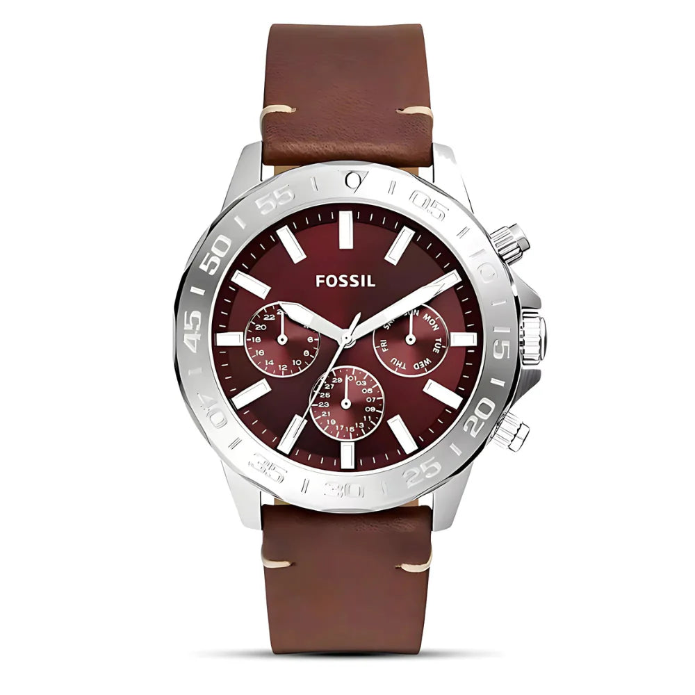 Fossil Bannon men's watch with burgundy dial, stainless steel case, and brown leather strap