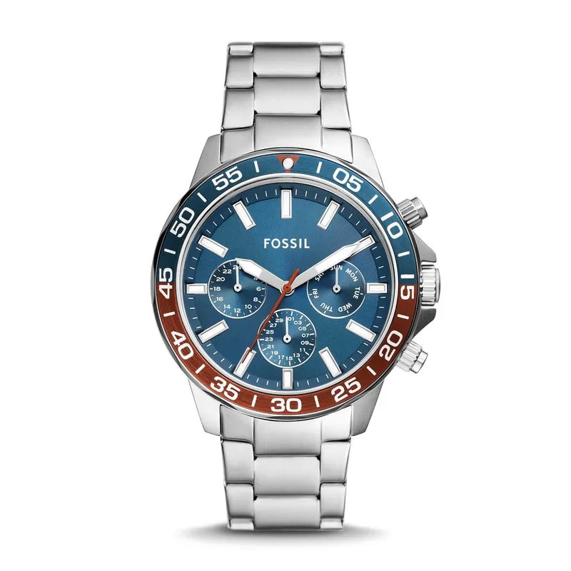 Fossil Bannon multifunction chronograph watch with blue dial and stainless steel bracelet
