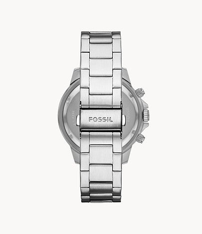 Fossil Bannon chronograph watch caseback showing silver stainless steel bracelet and case back
