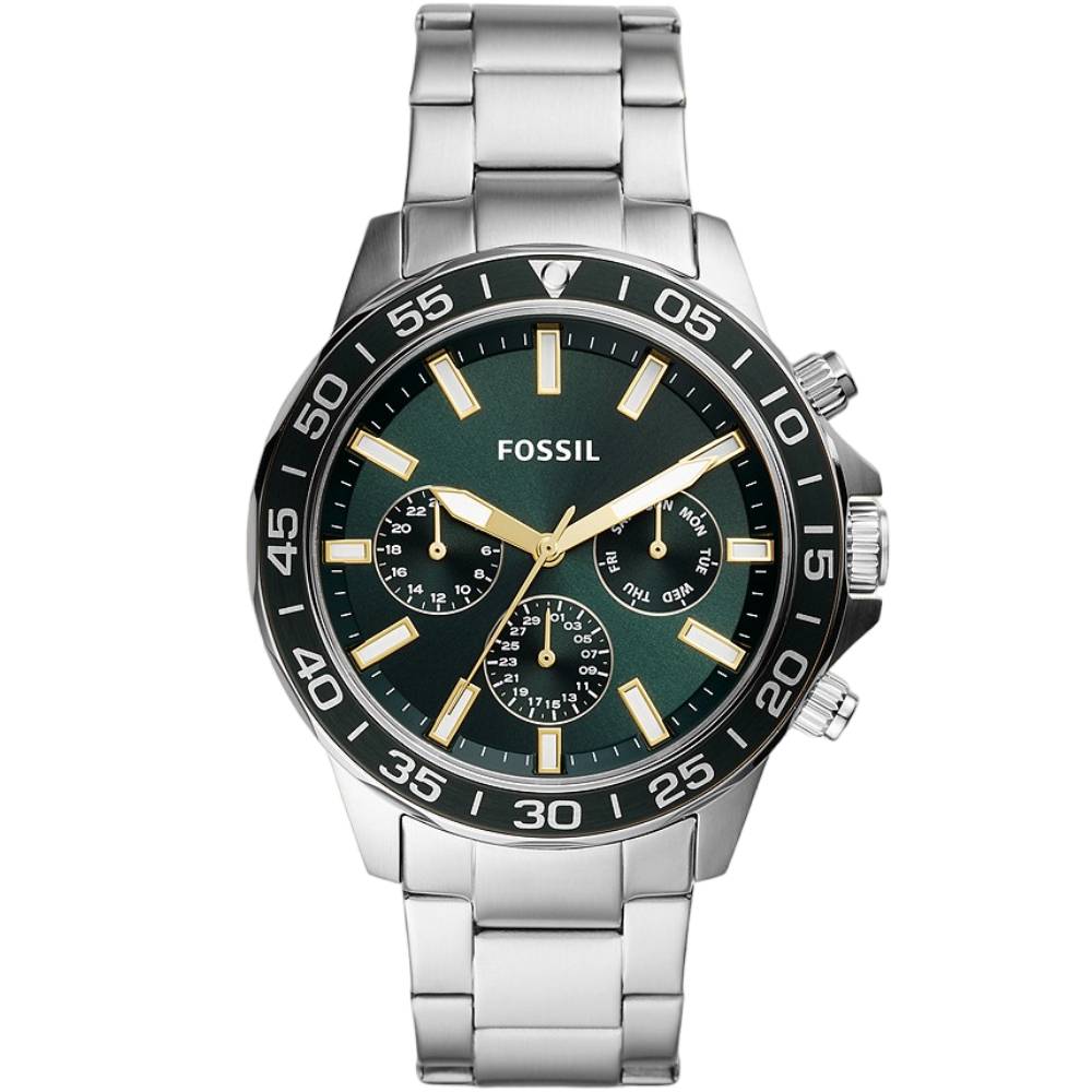 Fossil Bannon chronograph watch with dark green dial, silver stainless steel case and bracelet, gold hands and hour markers