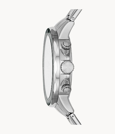 Fossil Bannon chronograph watch side profile showing stainless steel case, bezel, crown, and chronograph pushers